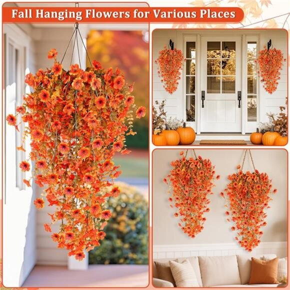 4 Pcs Artificial Hanging Fall Flowers Fall Decorations, Fake Mums for Outdoor - Picture 5 of 7